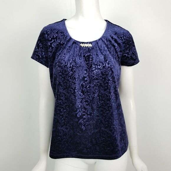 NWT Notations Petites Womens Size Small SP Navy Blue Paisley Embossed Velvet Top - Picture 1 of 5